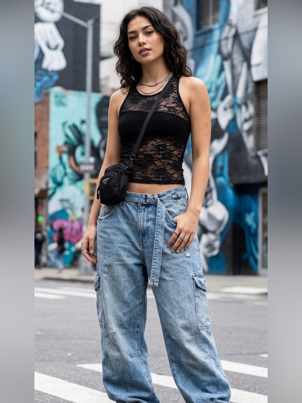 Vintage 90s Black Grunge Lace Racerback Tank top xs Gothic streetwear